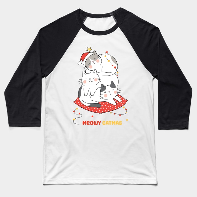 Meowy Catmas Sleeping Cats Design Baseball T-Shirt by Ampzy